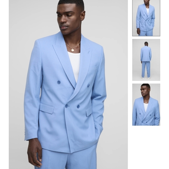 3pcs Light Blue Mens Suit Set Double Breasted Blazer Vest And Pants Size XL/42